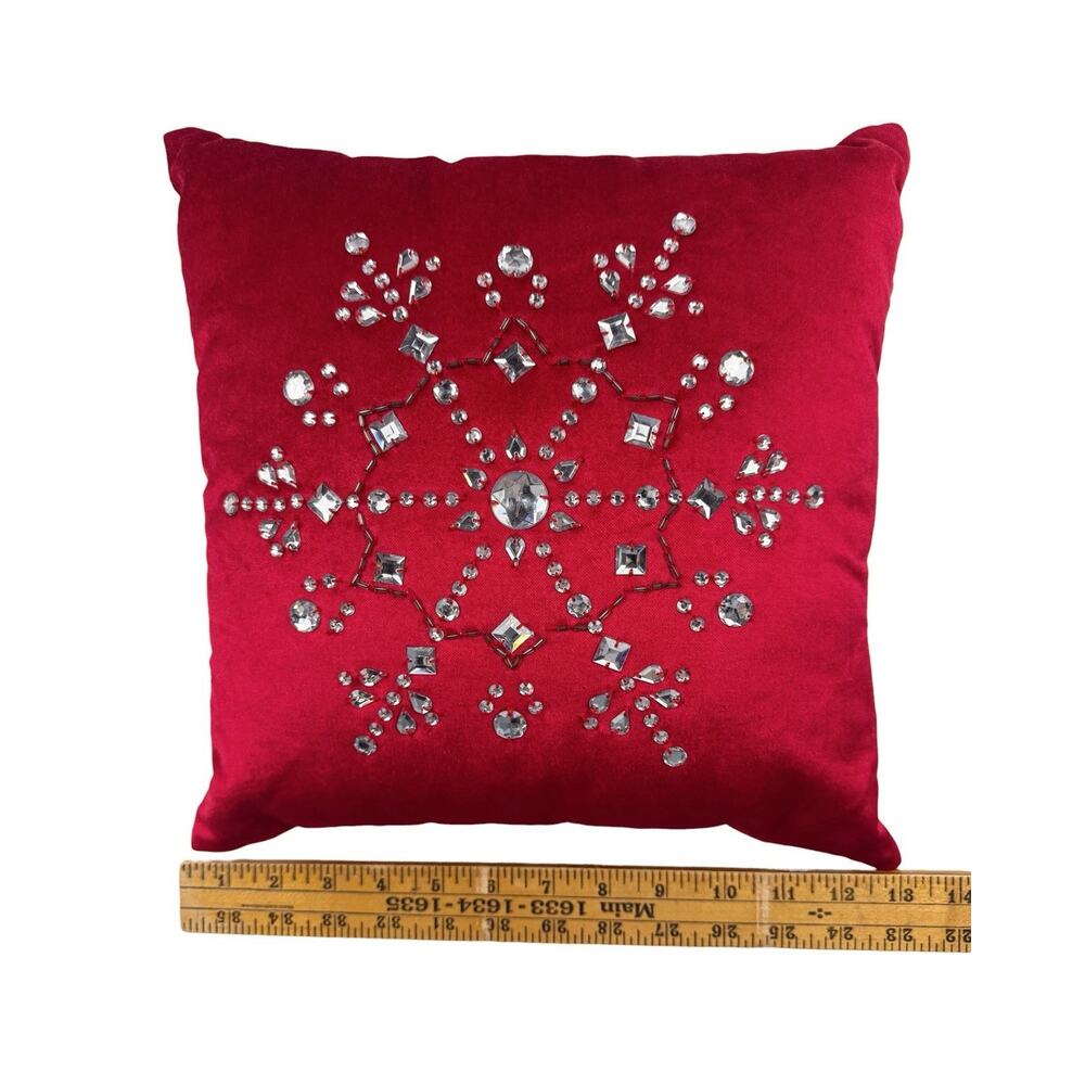 Pier 1 Imports Red Velvet Pillow Crystal Snowflake Christmas Elegant 12X12 - Picture 6 of 10